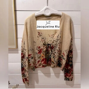#101 JACQUELINE RIU Tan & flowers pattern cardigan blend wool & mohair size XL